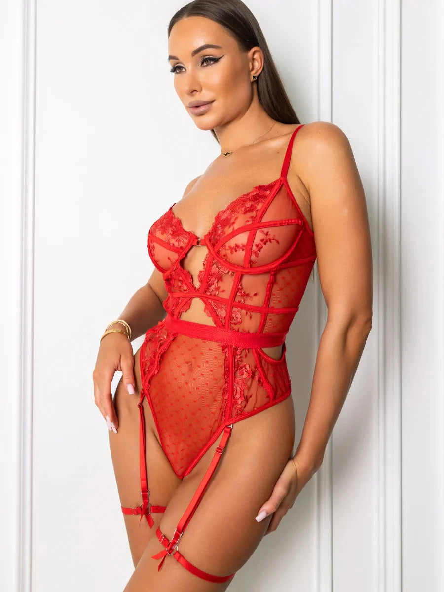 Natalia - Body Kırmızı Çiçek Nakışlı Balenli Jartiyer FUGU.TR