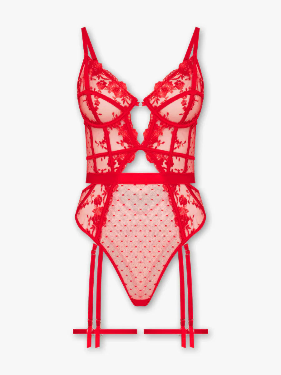 Natalia - Body Kırmızı Çiçek Nakışlı Balenli Jartiyer FUGU.TR