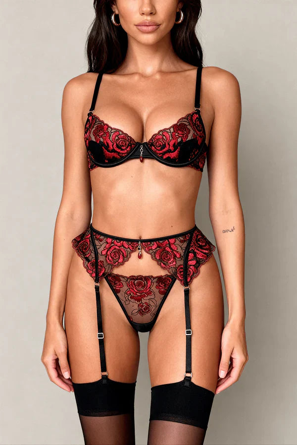 Seria Floral - Set Jartieră Bonita Romantic Touch – Negru și Roșu