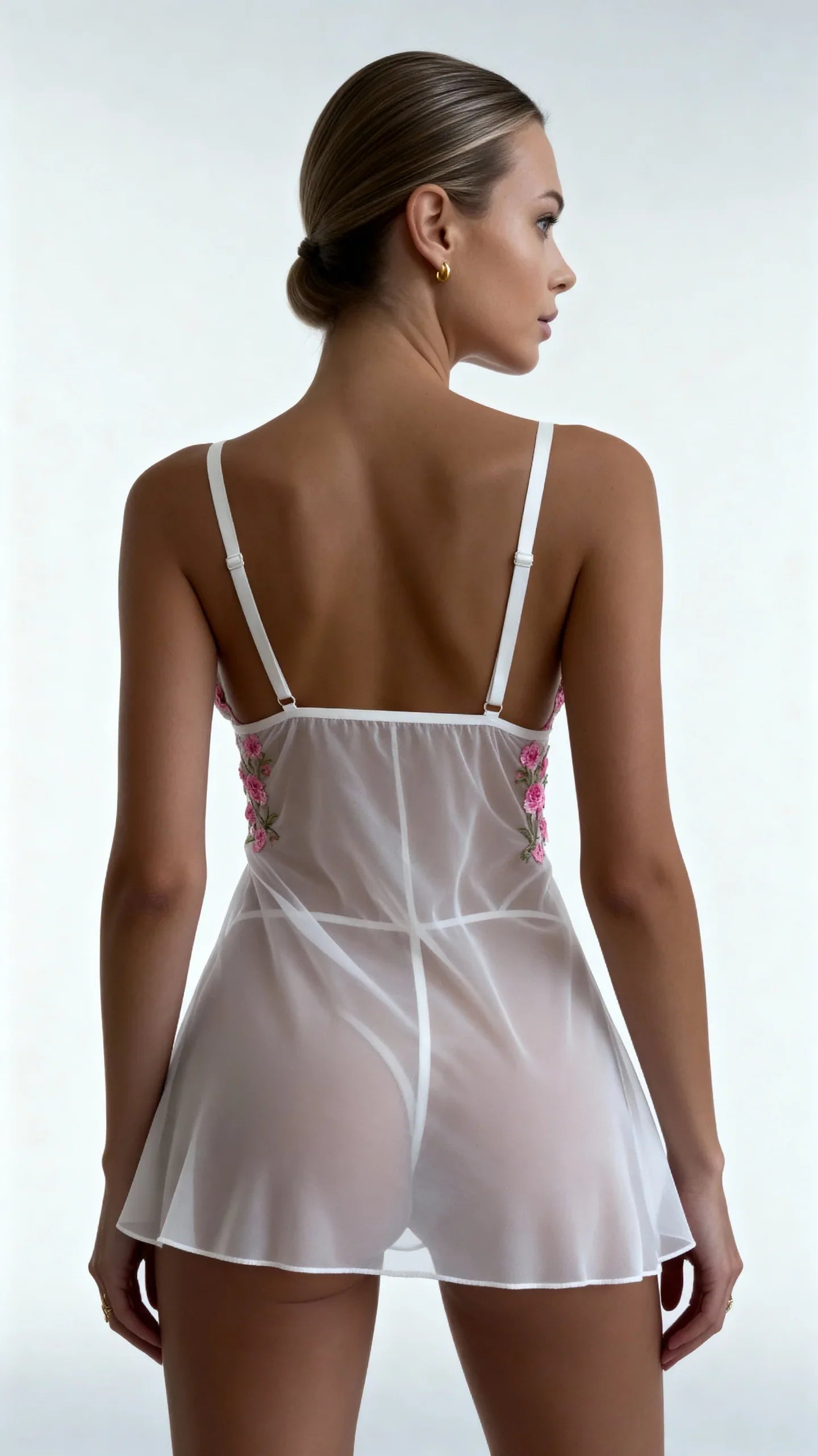 Seria Voal - Cămașă de noapte din tul transparent floral - roz