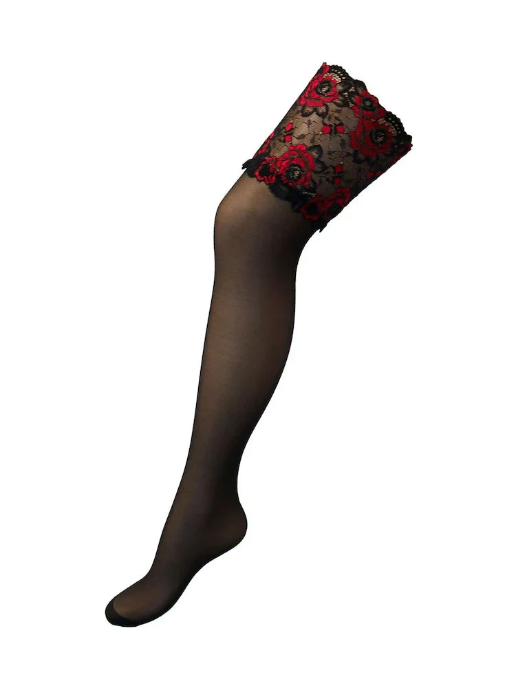 Pour - Kırmızı Çiçekli Jartiyer Çorabı FUGU