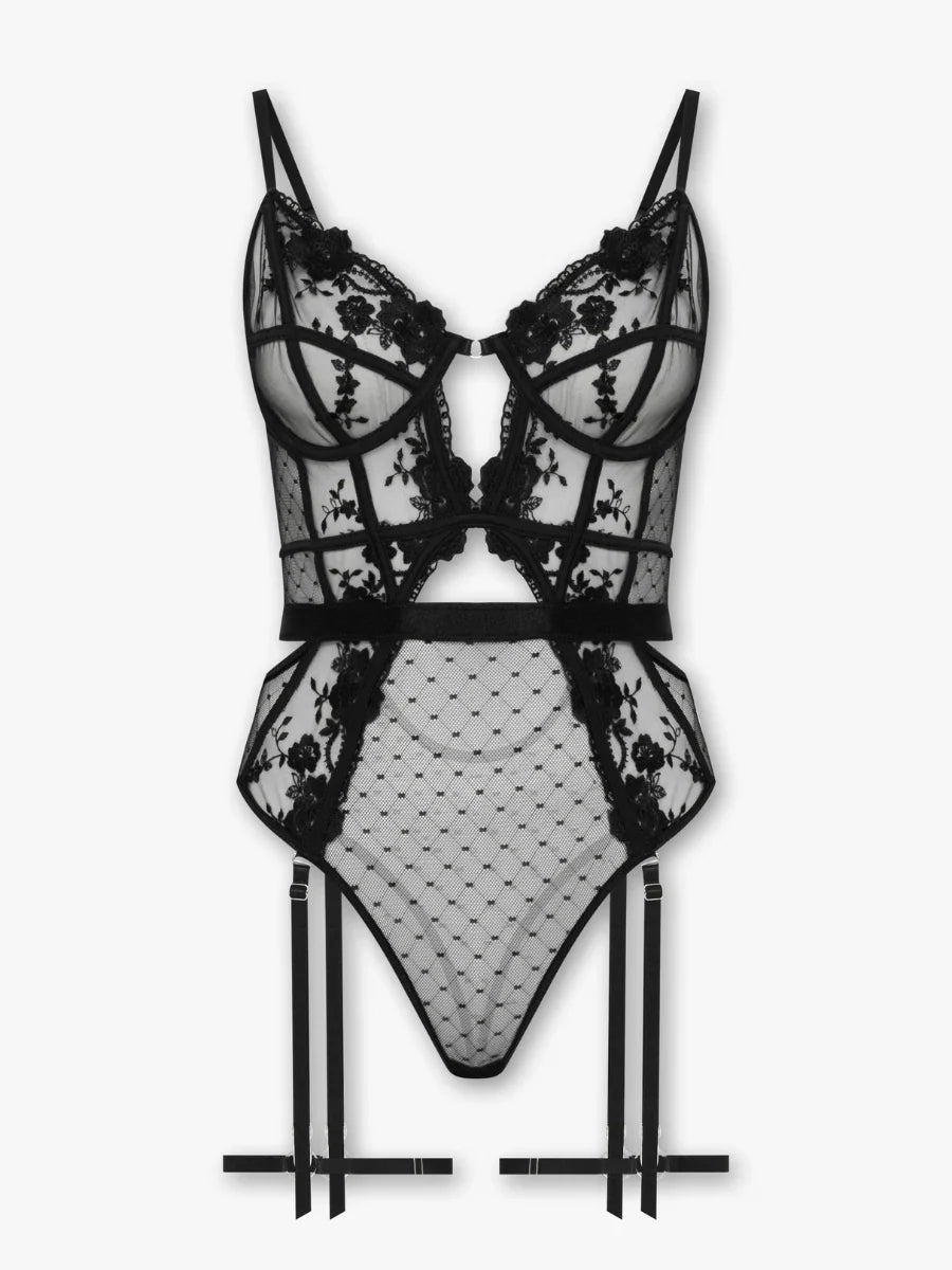 Natalia siyah çiçek nakışlı balenli jartiyer bodysuit ürün görseli fugu.tr